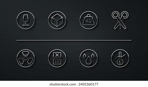 Set line Fragile broken glass, Radioactive, Scissors with cut line, Water drop, Temperature wash, Carton cardboard box, Meteorology thermometer and Weight icon. Vector
