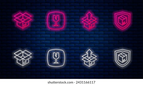 Set line Fragile broken glass, Unboxing,  and Delivery security with shield. Glowing neon icon on brick wall. Vector