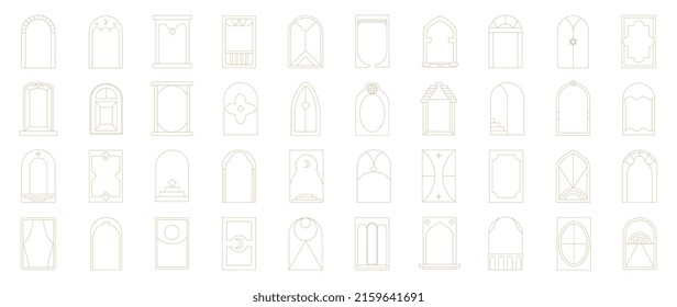 Set of line frame element vector. Abstract geometric line in minimal style with doors, stairs, stars, windows, ladders. Collection of different frame element design for decorative, card, logo, ads.