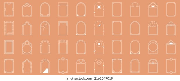 Conjunto de vector de elemento de marco de línea. Resumen de la línea geométrica en un estilo mínimo con puertas, escaleras, estrellas, ventanas, escaleras. Colección de diferentes diseños de cuadros para decorativos, tarjetas, logotipo, anuncios.