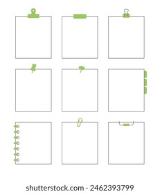 A set of line frame illustrations in a minimalist style. Notebook, notepad, book, binder, thumbtack, clip.