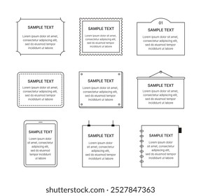 Conjunto de ilustrações de quadro de linha em estilo minimalista. Molduras, painéis, sinais, carimbos, notas.