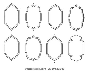 Conjunto de marco de línea de Ramadán Kareem y Eid Mubarak en estilo geométrico. Elementos lineales orientales, signo, símbolos, forma, Vector ilustración moderna.