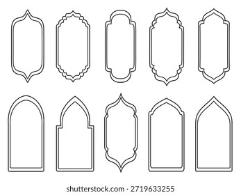 Conjunto de marco de línea de Ramadán Kareem y Eid Mubarak en estilo geométrico. Elementos lineales orientales, signo, símbolos, forma, Vector ilustración moderna.