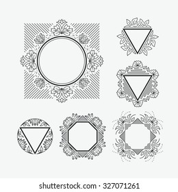 Set of line frames with floral and geometrical elements. Outline, empty, isolated graphical backgrounds. 