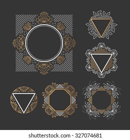 Set of line frames with floral and geometrical elements. Outline, empty, isolated graphical backgrounds. 