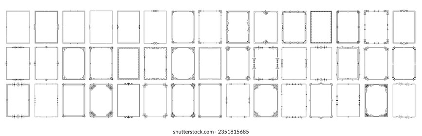Satz von Linienrahmen mit Einzel- oder Doppelhub. Leicht bearbeitbare Vektorkanten mit bearbeitbarer Linienstärke. Kollektion von vertikalen Blanken-Vorlagen zum Dekorieren von Text. Gruß- oder Hochzeitsrahmen