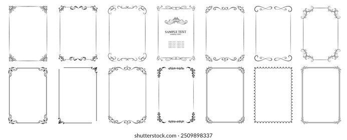 Set of line frames with stroke, vector collection of vertical blank templates to decorate text, greeting or wedding frames.