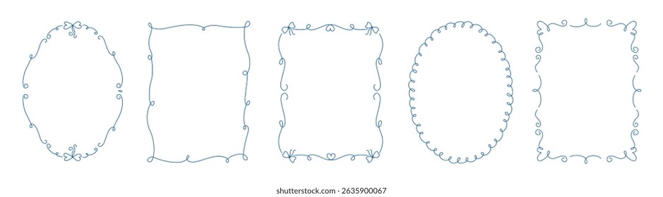 Conjunto de quadros de linha com bordas onduladas e onduladas. Ornamentos, padrões. Rabiscar, bordas retrô bonitinhas. Projeto para cartão, convite, capa, embalagem. Estilo La dolce vita.