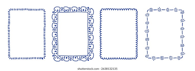 Set of line frames with wavy, curly edges. Ornaments, patterns. Doodle, cute retro borders. Design for card, invitation, cover, packaging. La dolce vita style. Vintage frame.