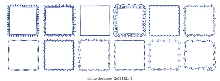 Set of line frames with wavy, curly edges. Ornaments, patterns. Doodle, cute retro borders. Design for card, invitation, cover, packaging. La dolce vita style. Vintage frame.