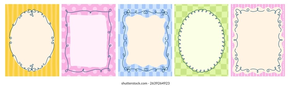 Set of line frames with wavy, curly edges. Ornaments, patterns. Doodle, cute retro borders. Design for card, invitation, cover, packaging. La dolce vita style.