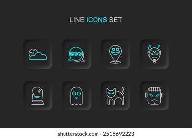 Set Linie Frankenstein Gesicht, Schwarze Katze, Geist, Tombstone mit RIP geschrieben, Teufelskopf, Happy Halloween Feiertag, Boo Rede Blase und Mond und Sterne Ikone. Vektorgrafik