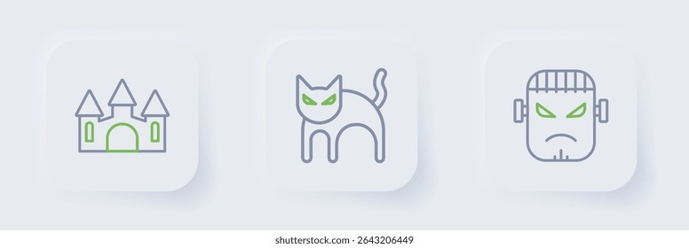 Set line Frankenstein face, Black cat and Castle icon. Vector