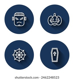 Set line Frankenstein face, Pumpkin, Spider web and Coffin with christian cross with long shadow. Blue circle button. Vector