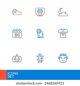 Set line Frankenstein face, Voodoo doll, Pumpkin, Shirt with skull, Halloween date 31 october, Owl bird, Moon and stars and Happy holiday icon. Vector