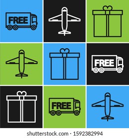 Set line Free delivery service , Gift box  and Plane  icon. Vector