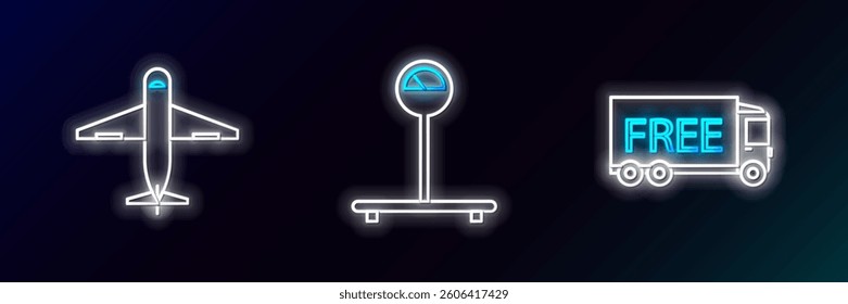 Set line Free delivery service, Plane and Scale icon. Glowing neon. Vector