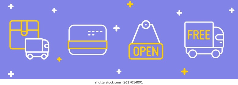 Set line Free delivery service, Hanging sign with text Open, Credit card and Delivery cargo truck icon. Vector