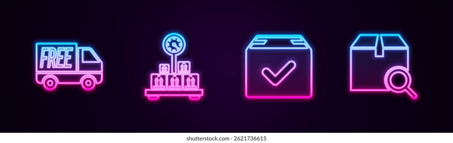 Set line Free delivery service, Scale with cardboard box, Package check mark and Search package. Glowing neon icon. Vector