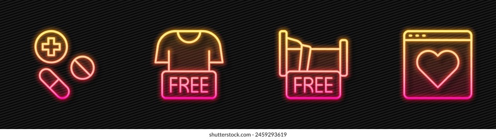 Set line Free overnight stay house, Medicine pill or tablet, Clothes donation and Dating app online. Glowing neon icon. Vector