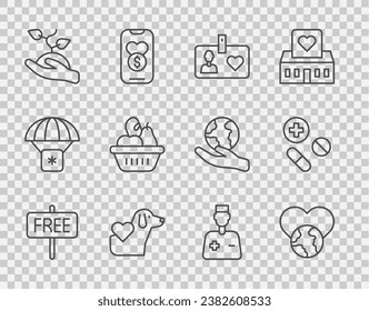 Set line Free sign, The heart world - love, Volunteer id card badge, Heart with dog, team planting trees, Donation food box, Male doctor and Medicine pill tablet icon. Vector