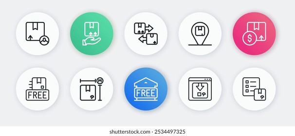 Set line Almacenamiento libre, caja de cartón del cartón, cartón con el símbolo libre, seguimiento en línea de la entrega del App, Locación, tráfico, verificación de la lista y del ícono de la medida. Vector