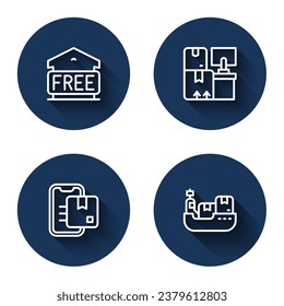 Set line Free storage, Warehouse with boxes, Document tracking marker and Cargo ship delivery with long shadow. Blue circle button. Vector