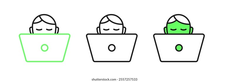 Set line Freelancer icon isolated on white background. Freelancer man working on laptop at his house. Online working, distant job concept.  Vector