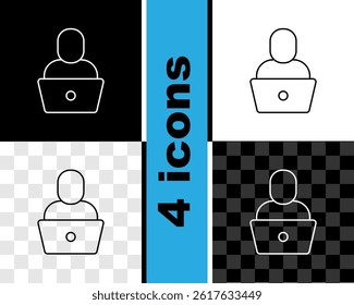 Set line Freelancer icon isolated on black and white, transparent background. Freelancer man working on laptop at his house. Online working, distant job concept.  Vector