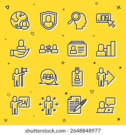 Definir linha Freelancer, Líder de equipe de executivos, Produtivo humano, Lupa para trabalho de pesquisa, Trabalho de troca, Trabalhador, Globo e pessoas e ícone de currículo. Vetor