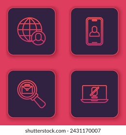 Set line Freelancer, Magnifying glass with briefcase, Video chat conference and Mute microphone laptop. Blue square button. Vector