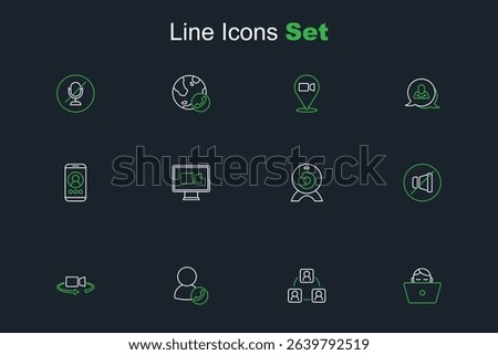 Set line Freelancer, Meeting, Video chat conference, 360 degree view, Mute microphone, Web camera,  and  icon. Vector