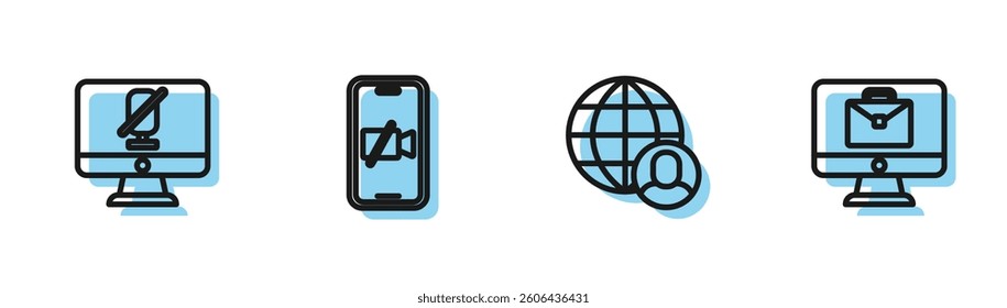 Set line Freelancer, Mute microphone on computer, Video camera Off mobile and Online working icon. Vector