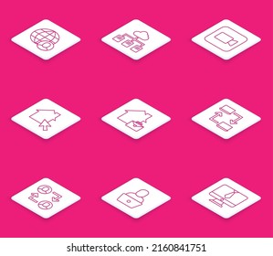 Set line Freelancer, Online working, Camera, Project team base and  icon. Vector