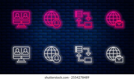 Set line Freelancer, Online working, Video chat conference and . Glowing neon icon on brick wall. Vector