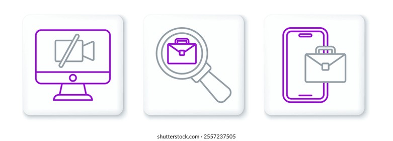 Set line Freelancer, Video camera Off on computer and Magnifying glass with briefcase icon. Vector