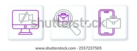 Set line Freelancer, Video camera Off on computer and Magnifying glass with briefcase icon. Vector