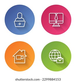 Set line Freelancer, Video chat conference, camera Off in home and Online working. Color circle button. Vector