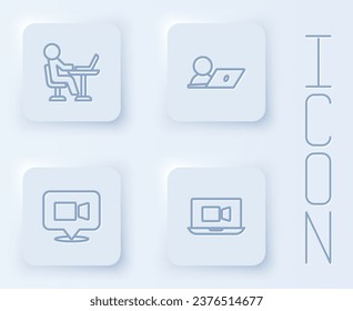 Establece la línea Freelancer, videoconferencia de chat y . Botón cuadrado blanco. Vector