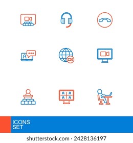 Línea Freelancer, videoconferencia, altavoz, auricular de teléfono e icono de auriculares. Vector