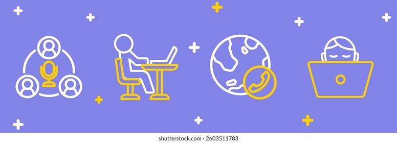 Set line Freelancer, Video chat conference,  and Meeting icon. Vector