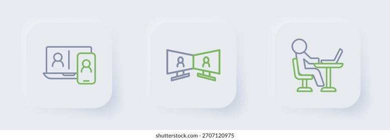 Video Establecer línea Freelancer, conferencia de chat e icono. Vector