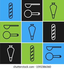 Set line French baguette bread , Pastry bag for decorate cakes and Measuring spoon  icon. Vector