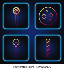 Set line French baguette bread , Pizza knife , Strainer spoon  and Cookie or biscuit with chocolate . Gradient color icons. Vector