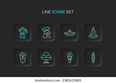 Set line French baguette bread, Ice cream in waffle, the bowl, Pope, Slice of pizza, Carnival mask, Roman army helmet and Coffee maker moca pot icon. Vector