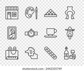 Set line French baguette bread, Wine bottle with cheese, Louvre museum, Poodle dog, Coffee shop, Wrist watch,  and Scooter icon. Vector