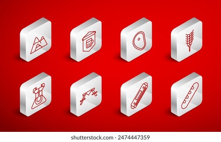 Set line French baguette bread, Signboard with glass of beer, Steak meat, Wheat, Harmonica, Mountains, Picnic table benches and Costume for women dirndl icon. Vector