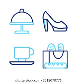 Set line French baguette bread, Coffee cup, Woman shoe and Covered with tray icon. Vector