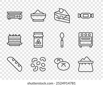 Set line pan francés baguette, bolsa de harina, pastel de pedazo, caramelo de gelatina, escamas Electrónicas, miel de tarro, pan de pan y horno icono. Vector